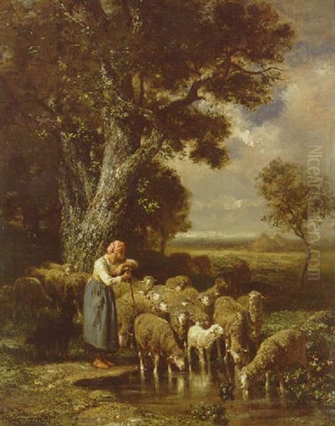 A Shepherdess Tending Her Flock Oil Painting by Charles Emile Jacque