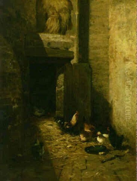 Roosters And Hens In A Barn Oil Painting by Charles Emile Jacque