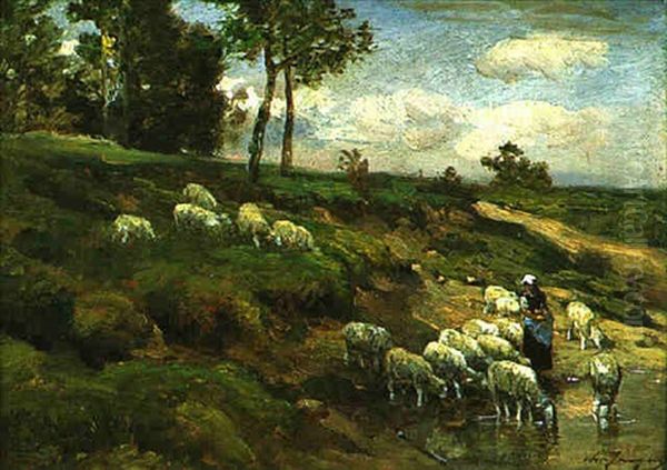 Moutons A La Mare Et Bergere Oil Painting by Charles Emile Jacque