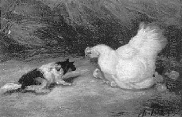 Hund Und Huhn Oil Painting by Charles Emile Jacque