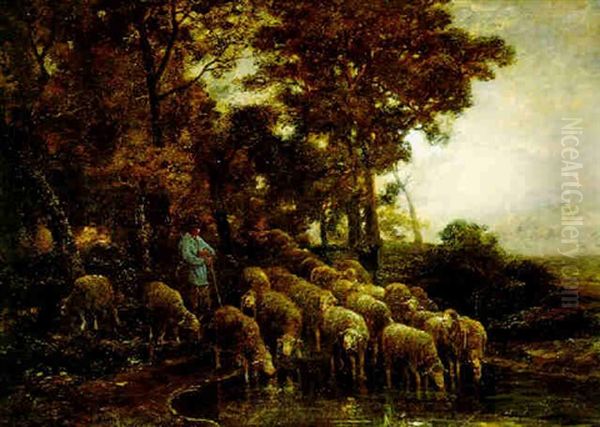 A Shepherd Tending His Flock By Moonlight Oil Painting by Charles Emile Jacque