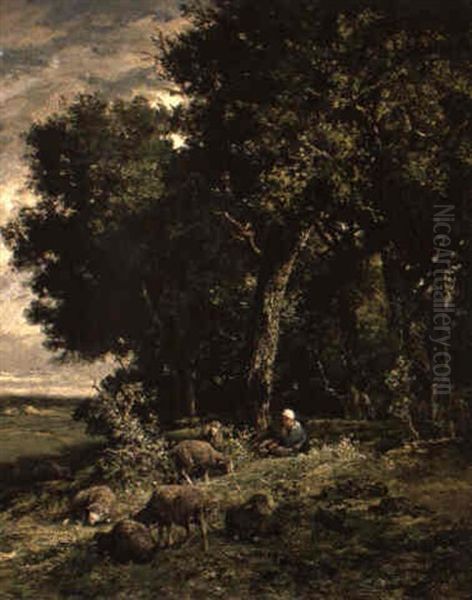 Sommerliche Landschaft Mit Schafhirtin Oil Painting by Charles Emile Jacque