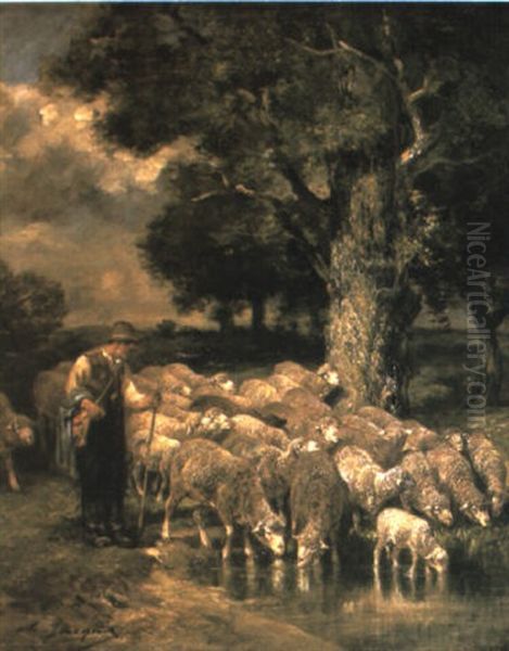 A Shepherd Tending His Flock by Charles Emile Jacque