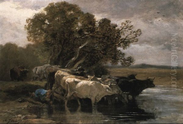 Drover Watering Cattle At A Pond Oil Painting by Charles Emile Jacque