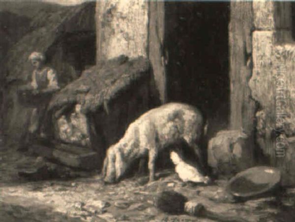 A Farmyard Scene Oil Painting by Charles Emile Jacque