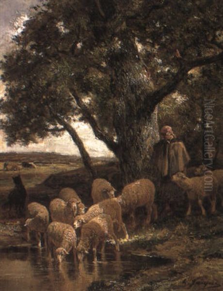 Sheep In A Woodland Pool Oil Painting by Charles Emile Jacque