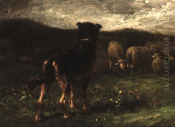 A Sheepdog With Sheep Oil Painting by Charles Emile Jacque