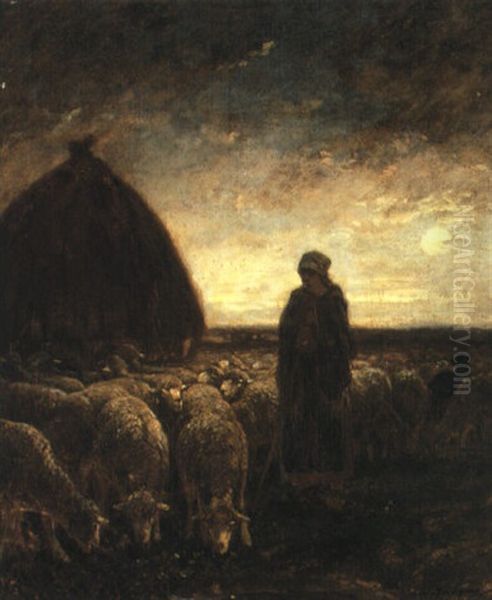 A Shepherdess Watching Her Flock By Night Oil Painting by Charles Emile Jacque