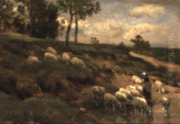 Moutons A L'abreuvoir Oil Painting by Charles Emile Jacque