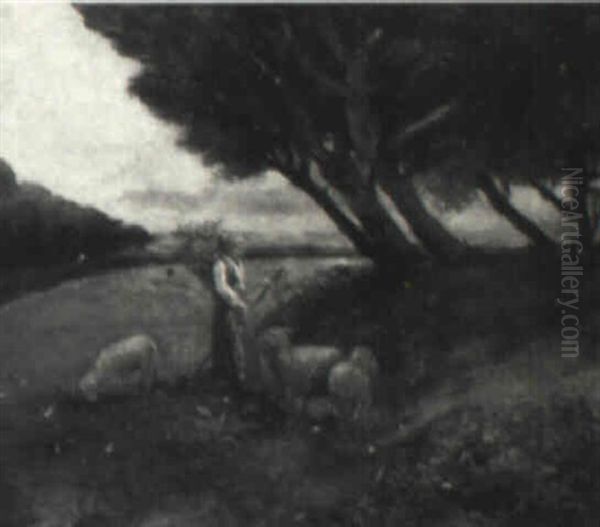 Shepherdess With Flock Of Sheep Oil Painting by Charles Emile Jacque