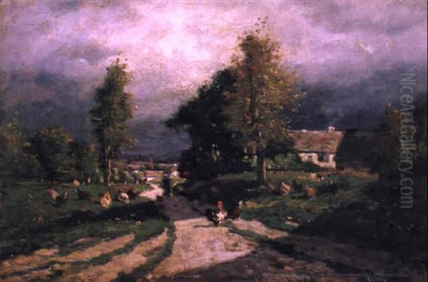 Feldweg Mit Einer H_hnerschar Oil Painting by Charles Emile Jacque