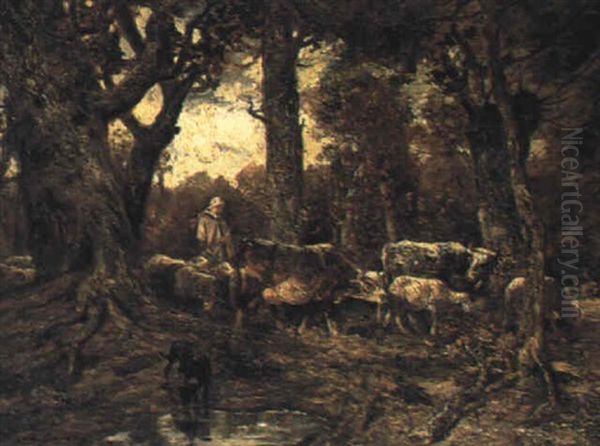 Dans La Clairiere.  Foret De Fountainebleau Oil Painting by Charles Emile Jacque