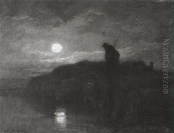 Schafer Mit Seiner Herde Bei Vollmond Oil Painting by Charles Emile Jacque