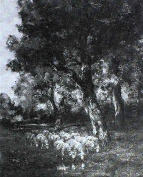 Schafer Mit Seiner Herde Unter Alten Eichen Im Wald by Charles Emile Jacque