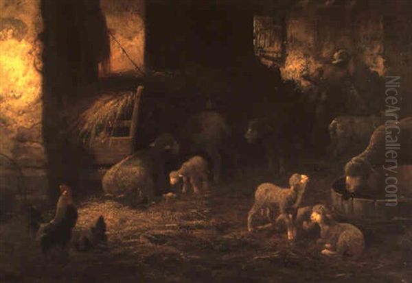 L'interieur D'une Bergerie Avec Des Moutons, Des Agneaux,   Un Coq Et Une Poule Oil Painting by Charles Emile Jacque