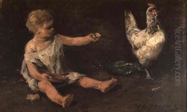 Enfant A La Poule Oil Painting by Charles Emile Jacque