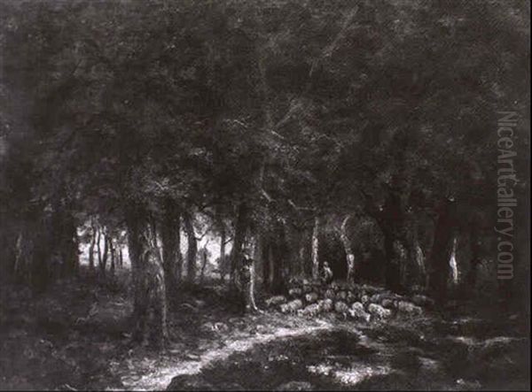 Schafer Mit Seiner Herde Im Wald Von Barbizon Oil Painting by Charles Emile Jacque