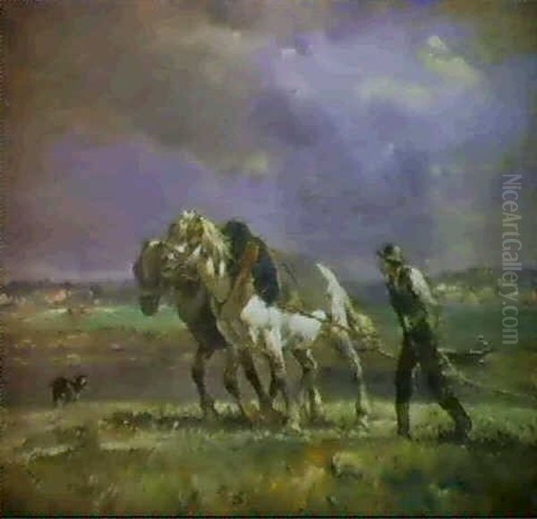 Les Chevaux De Halage Oil Painting by Charles Emile Jacque