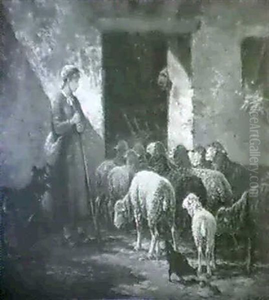 Young Woman Herding Sheep Into Barn Oil Painting by Charles Emile Jacque