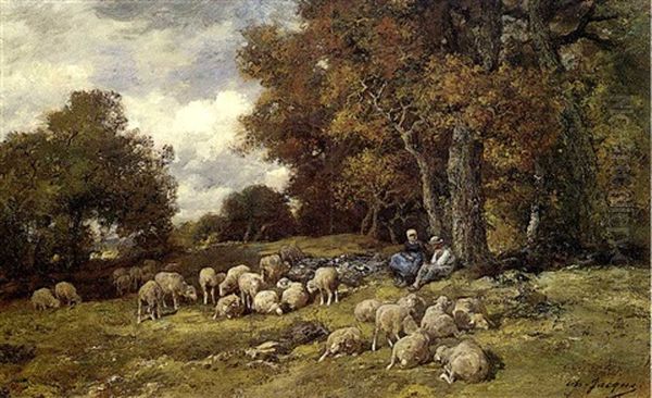 Shepherds With Their Flock In A Wooded Landscape Oil Painting by Charles Emile Jacque