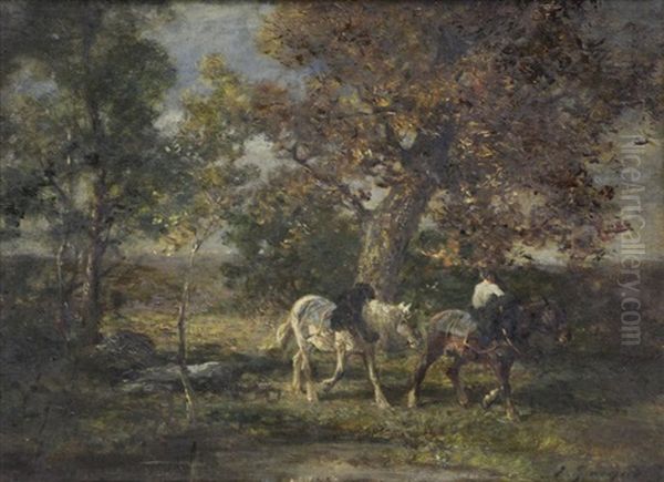 Horses In Landscape Oil Painting by Emile Jacque