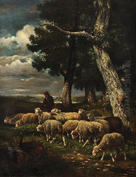 Berger Et Ses Moutons Oil Painting by Emile Jacque