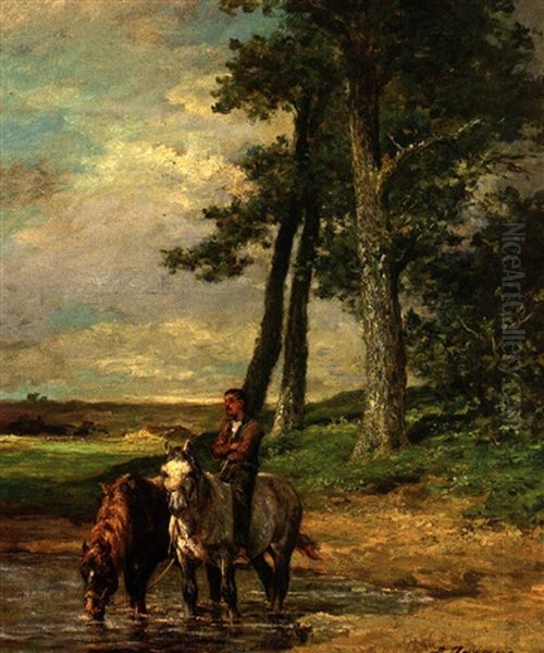 Zwei Pferde An Der Tranke In Besonnter Landschaft Oil Painting by Emile Jacque