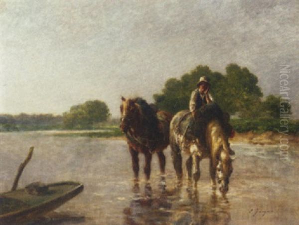 Working Horses Pausing For A Drink In A River Oil Painting by Emile Jacque