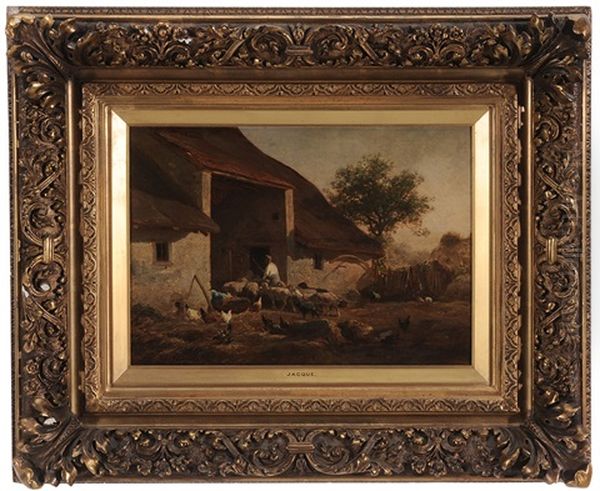 Shepherd Herding Sheep Into A Barn Oil Painting by Charles Jacques