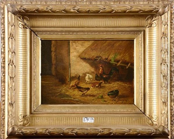 Coq Et Poules Sur La Paille Oil Painting by Charles Jacques