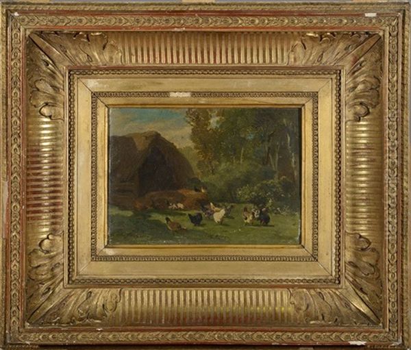 Poules Devant Une Grange De Foin Oil Painting by Charles Jacques