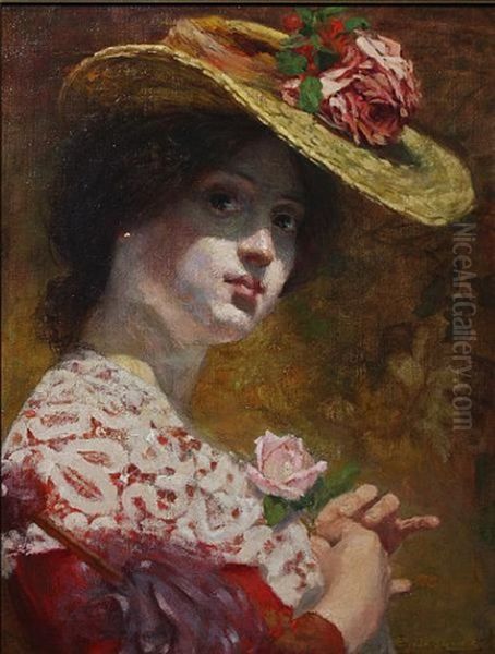 Portrait Of A Young Lady Wearing A Straw Hat Oil Painting by Emile Jacques