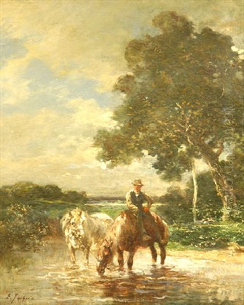 Chevaux S'abreuvant A La Mare Oil Painting by Emile Jacques