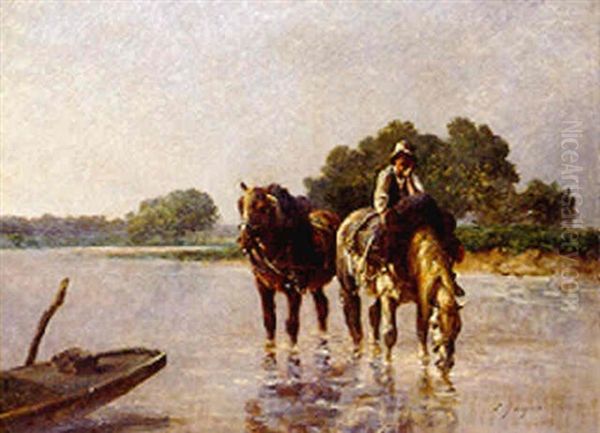 Draught Horses Fording A River Oil Painting by Emile Jacques