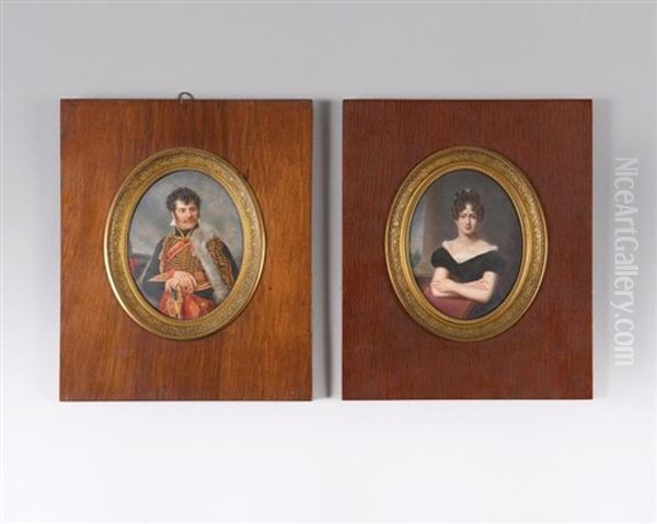 Portraits De Louis Bro De Comeres En Grand Uniforme De Capitaine Des Hussards De La Garde Imperiale Et De Marie-louise- Josephine-laure De Comeres En Robe De Velours Noir, Accoudee. Oil Painting by Nicolas Jacques