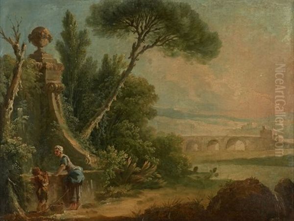 Jeune Femme Et Son Enfant A La Fontaine Dans Un Paysage Oil Painting by Nicolas Jacques