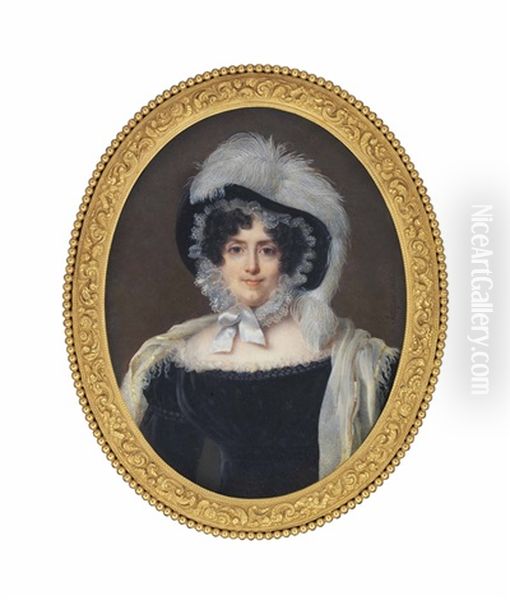 Jacquette Pauline Helene D'aure (1772-1843), Wearing Gold-trimmed White Shawl Over Black Dress, Her Black Hat Adorned With White Plumes And Tied With White Silk Ribbon Under Her Chin Oil Painting by Nicolas Jacques