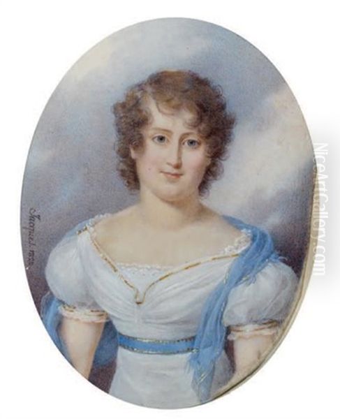 Portrait De Femme A La Robe Blanche Et Au Chale Bleu Oil Painting by Nicolas Jacques