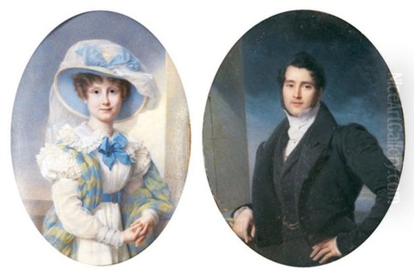 Portrait D'homme En Redingote Noire Et Portrait De Jeune Femme Au Grand Chapeau A Ruban Bleu (2 Works) Oil Painting by Nicolas Jacques