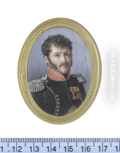 An Officer, Wearing The Uniform Of The Chasseurs-a-cheval, Dark Green Jacket With Red Piping And Standing Collar, Silver Buttons And Epaulettes by Nicolas Jacques