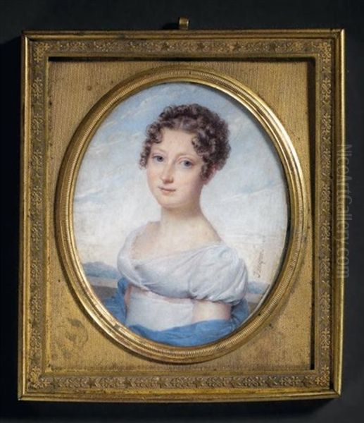 Portrait De Jeune Fille En Robe De Soie Blanche, Echarpe Bleue Et Coiffee De Boucles. Fond De Ciel Nuageux Et Paysage Oil Painting by Nicolas Jacques