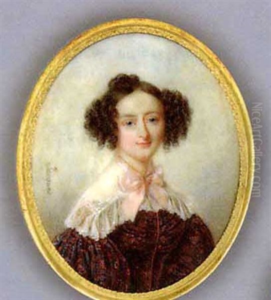 A Young Lady, In Red Embroidered Black Dress With Fichu-bordered White Collar, Pink Ribbon Bow Tied Around Neck, Her Centre-parted Dark Hair Dressed In Curls And Upswept Oil Painting by Nicolas Jacques