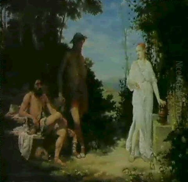 Klassisk Sceneri Med Hyrder Og En Ung Pige Ved Bronden Oil Painting by Louis Jacquesson de La Chevreuse