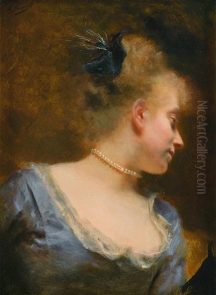 A Portrait Of A Young Girl With Pearl Necklace Oil Painting by Gustave Jean Jacquet