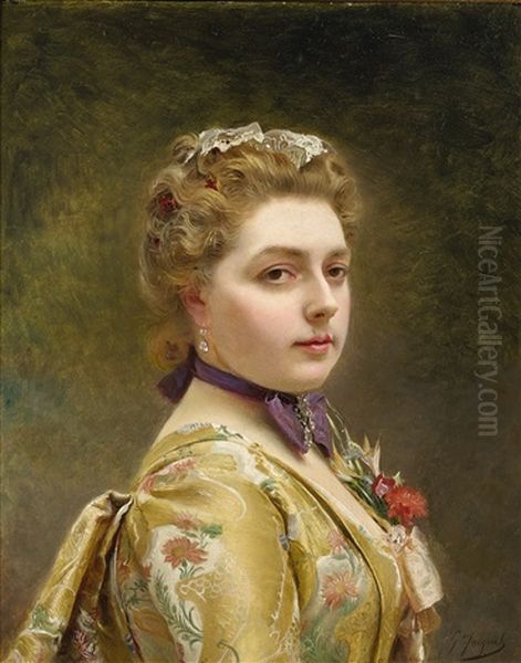 A Lady In A Golden Gown Oil Painting by Gustave Jean Jacquet