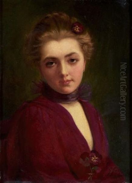 Portrait Of A Young Woman In Mauve Oil Painting by Gustave Jean Jacquet