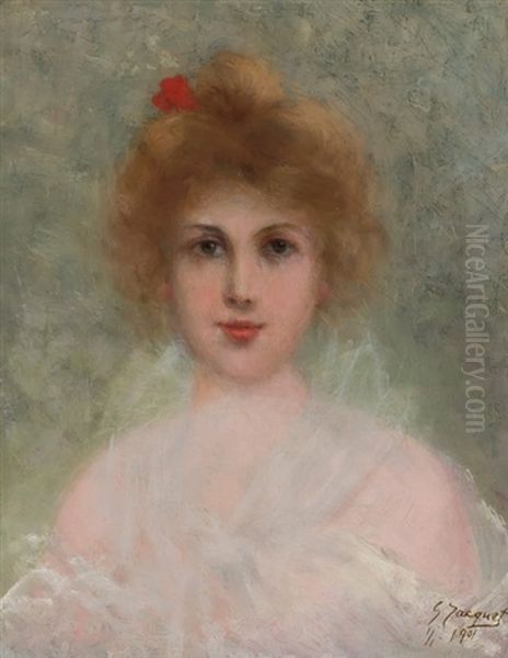 Girl With Red Flower Oil Painting by Gustave Jean Jacquet