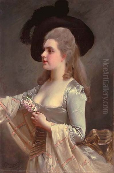 A Portrait Of A Young Lady In A Black Hat Oil Painting by Gustave Jean Jacquet