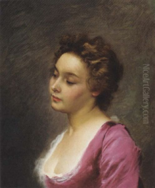 An Elegant Lady In A Pink Dress Oil Painting by Gustave Jean Jacquet