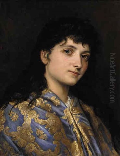 Portrait Of A Lady In A Blue And Gold Shawl Oil Painting by Gustave Jean Jacquet